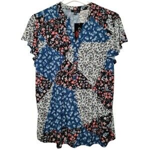 Cocomo Plus Size 2X Blue Multicolor Floral Print Pintuck Flutter Sleeve Top